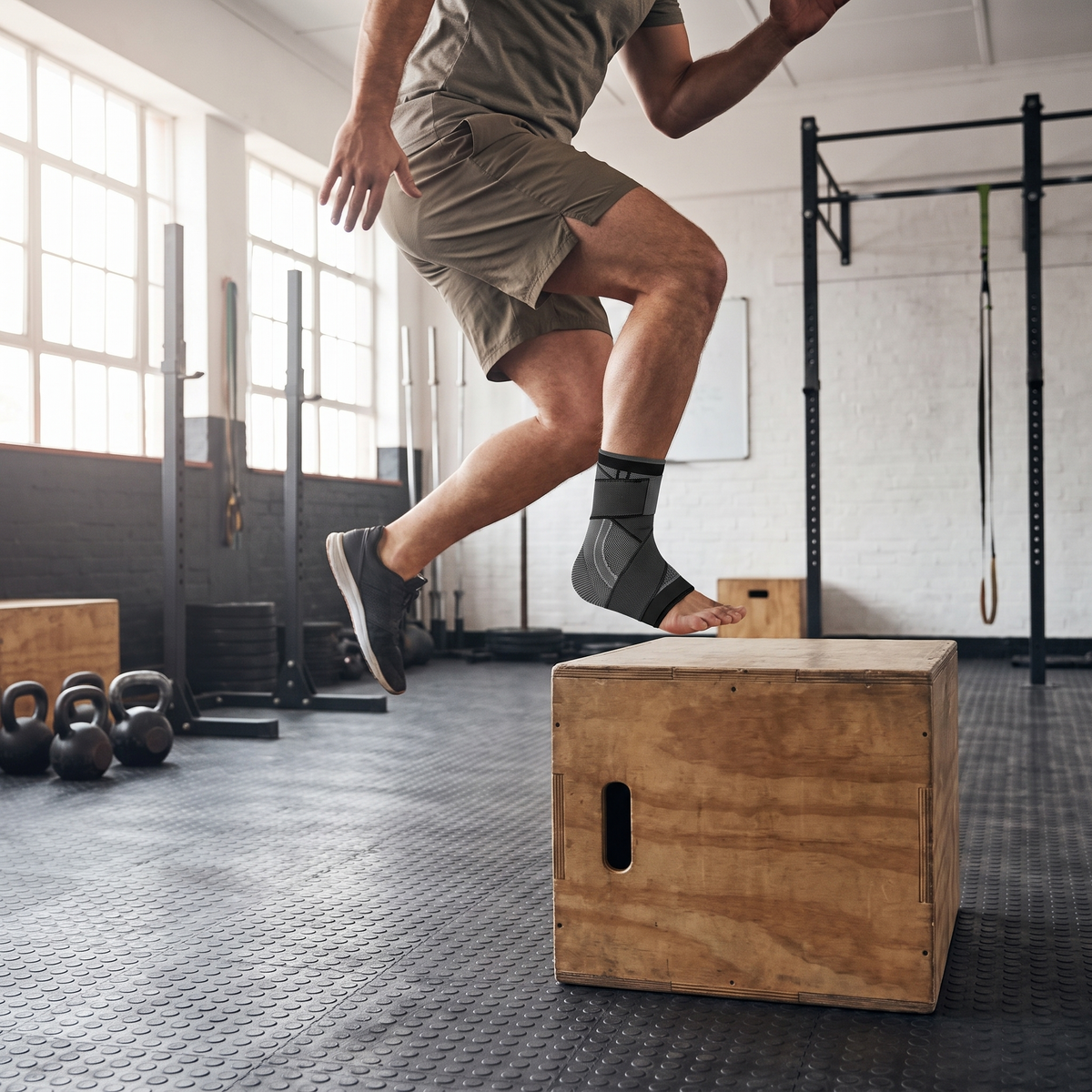 Ankle brace during a gym box jump
