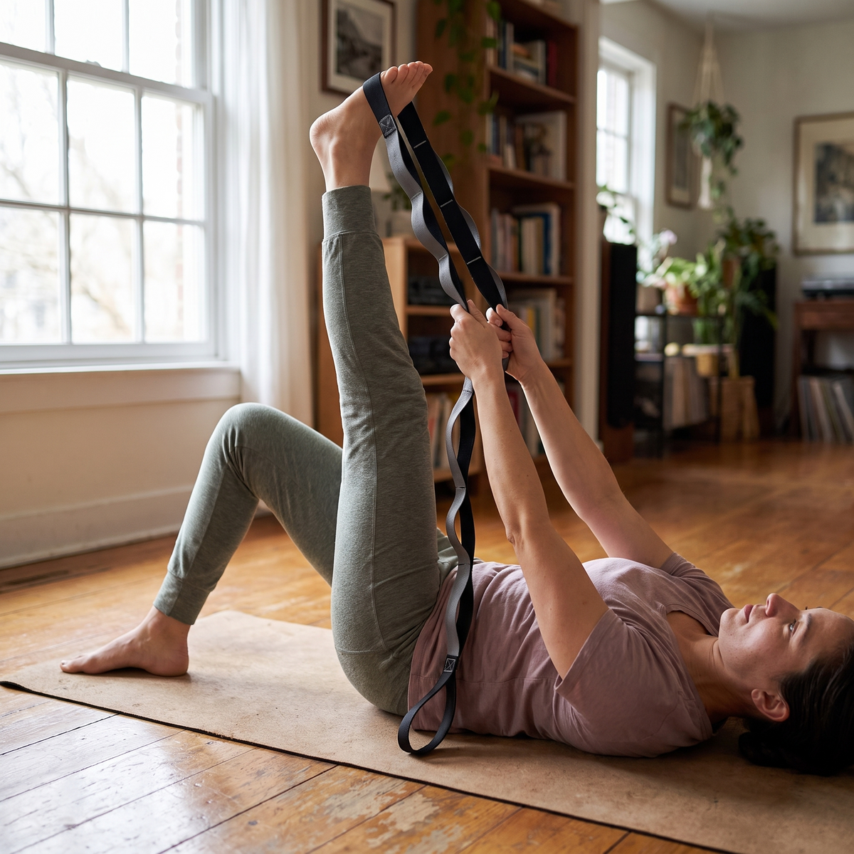 Stretching strap used for a hamstring stretch