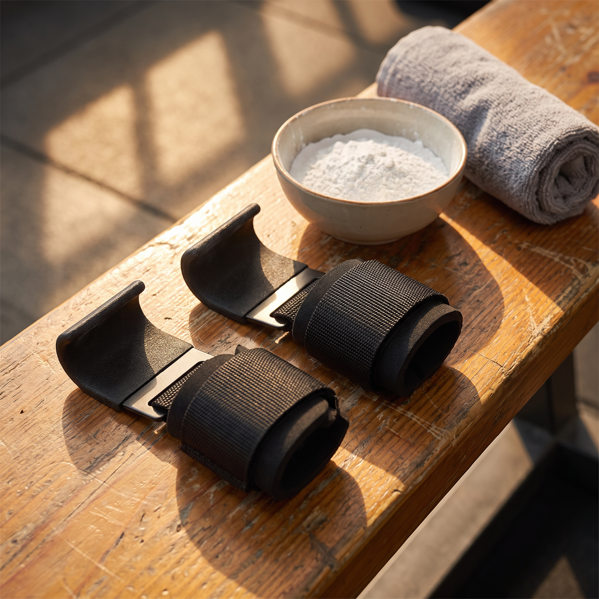 Lifting hooks resting on a bench