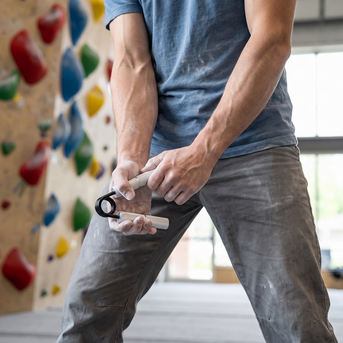 Climber warming up forearms with the gripper